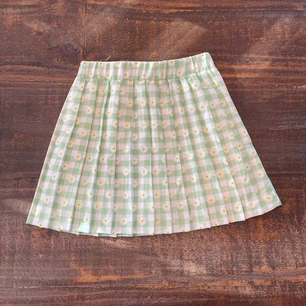 Green Plaid Pleated Skirt with Daisies